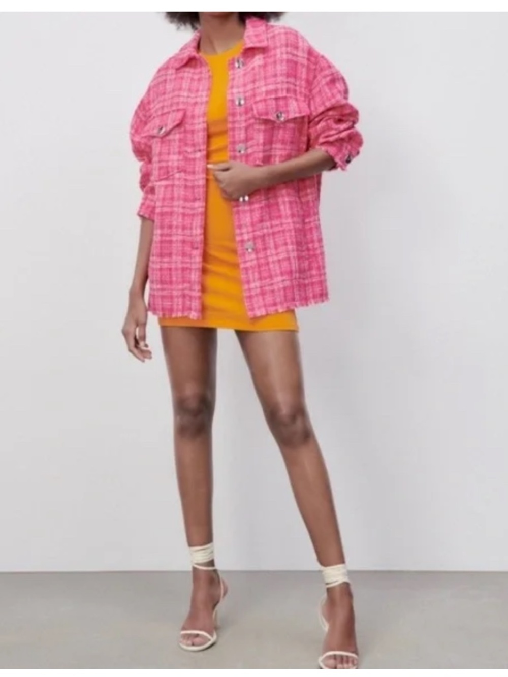 Zara Tweed Textured Woven Plaid Frayed Overshirt Shacket Shirt Jacket Pink S